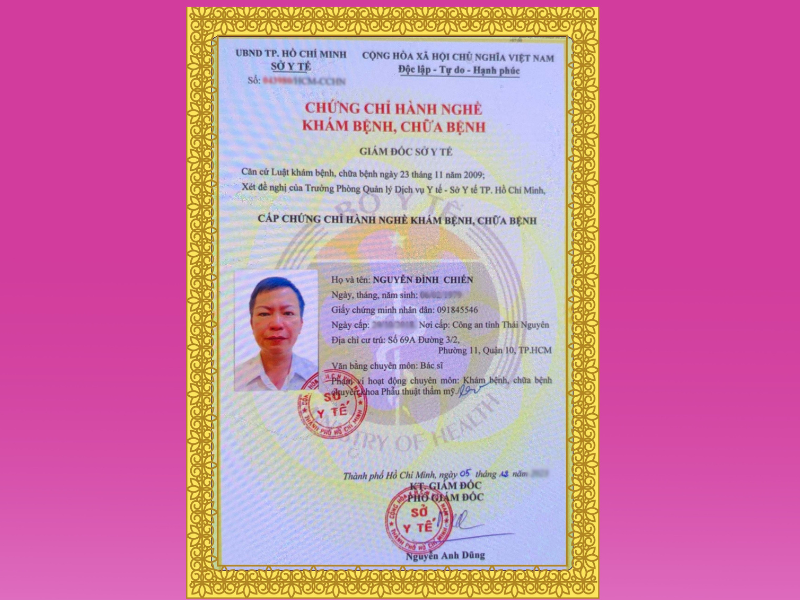 Ths. Bác sĩ Nguyễn Đình Chiến - Chuyên gia thẩm mỹ số 1 tại Việt Nam 11 Ths. Bác sĩ Nguyễn Đình Chiến được cấp chứng chỉ hành nghề khám bệnh, chữa bệnh bởi Sở Y tế TP. Hồ Chí Minh