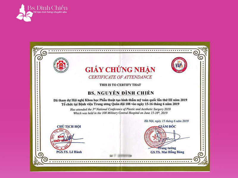Ths. Bác sĩ Nguyễn Đình Chiến - Chuyên gia thẩm mỹ số 1 tại Việt Nam 12 Ths. Bác sĩ Nguyễn Đình Chiến từng tham dự Hội nghị Khoa học Phẫu thuật tạo hình thẩm mỹ toàn quốc lần thứ III năm 2019